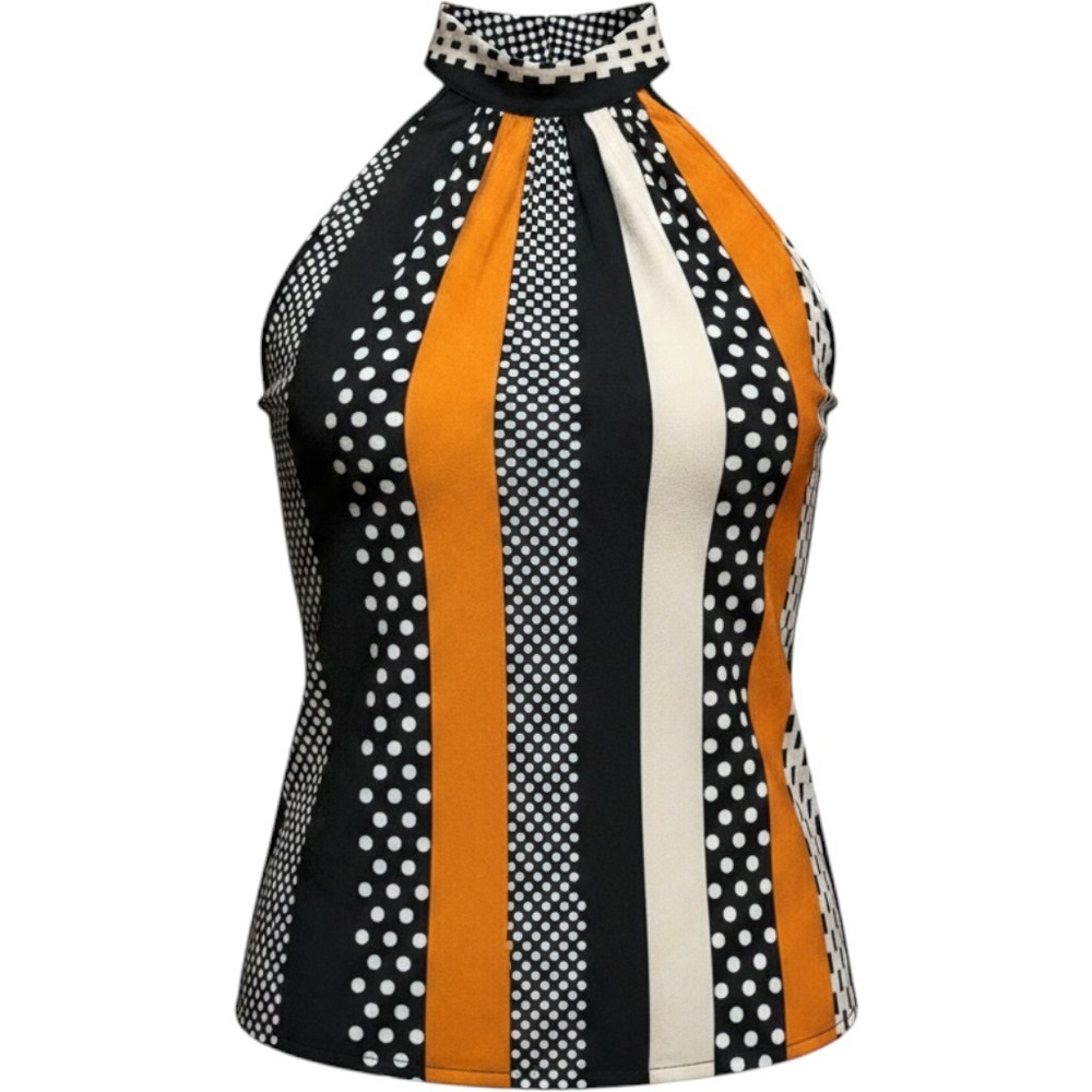 GOMORN Women Halter Neck Blouse Orange Black White Mixed Print Polka Dot Top